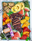 Char Crust® Roasted Garlic Peppercorn is on steak in this recipe with fruits and vegetables. Roasted Garlic Peppercorn is great as a steak rub, chicken rub, pork rub, salmon rub, fish rub, or lamb rub.