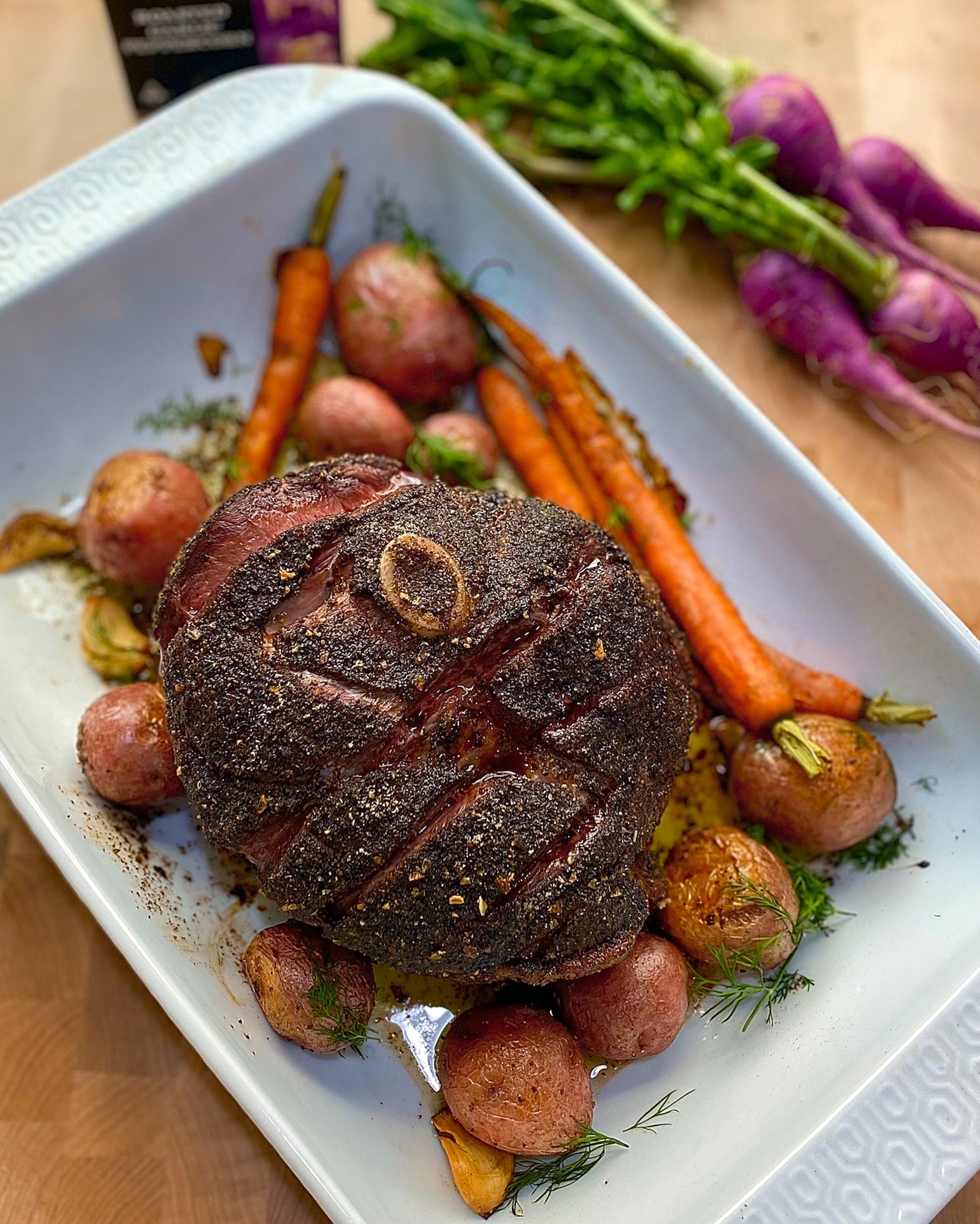 Roasted Garlic Peppercorn Leg of Lamb