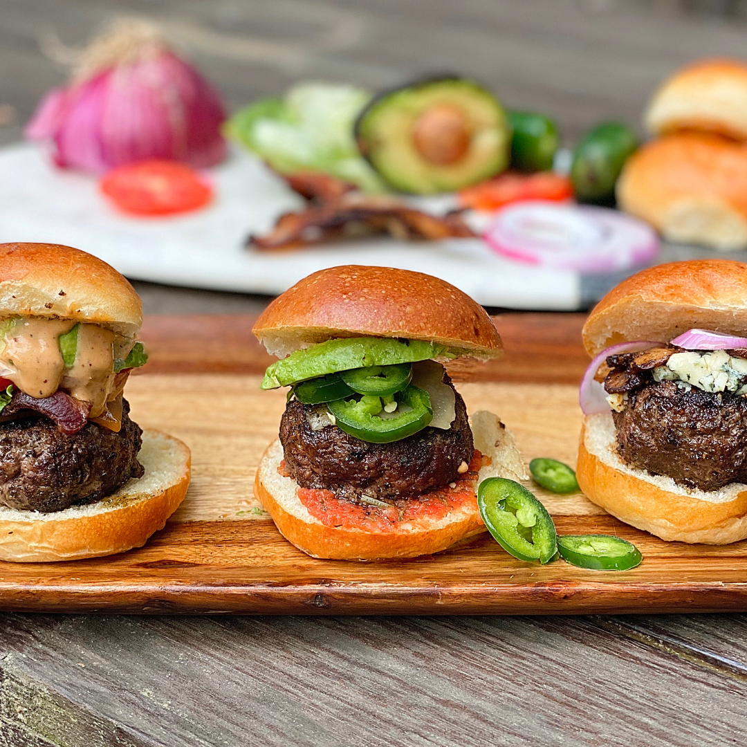 Char Crust dry-rub seasonings on burgers. Great for burger joints, gastro pubs and bar & grill. Great beef rub.