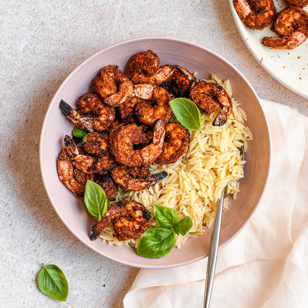 Char Crust dry-rub seasoning on shrimp and orzo pasta. Great seafood rub. Great fish rub.