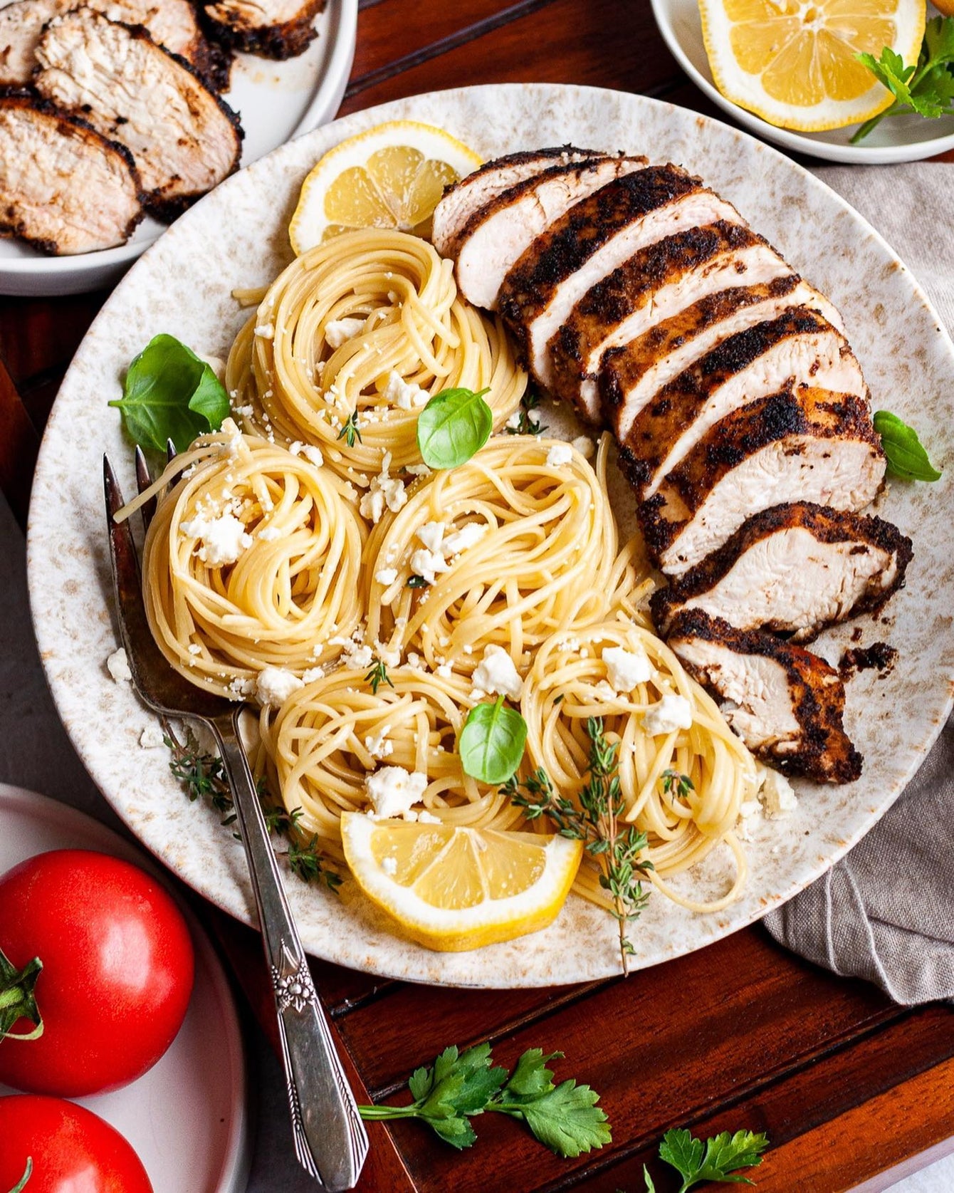 Char Crust dry-rub seasonings on chicken breast with pasta. Perfect for Italian menus.