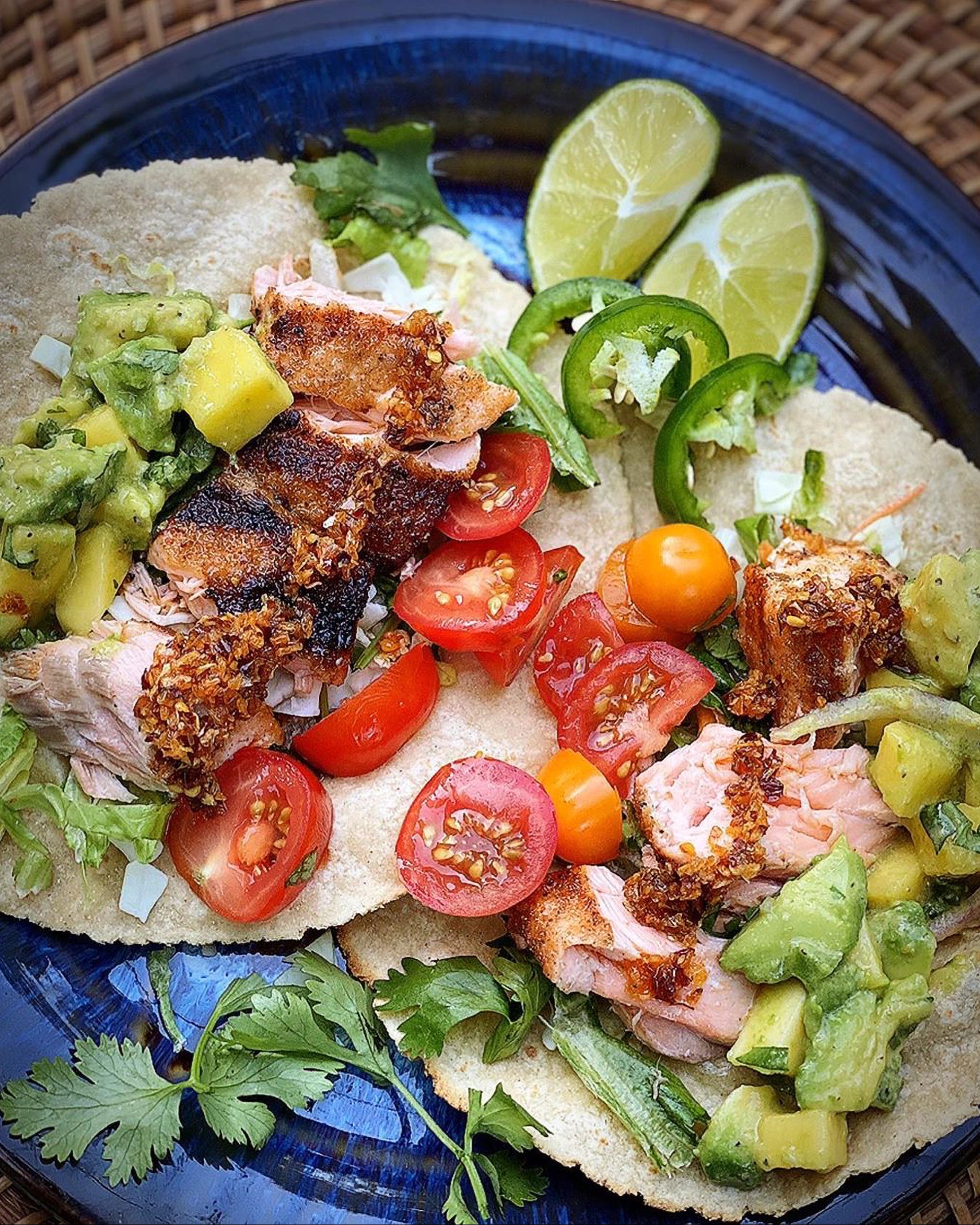 Char Crust® Jamaican Jerk dry-rub seasoning on salmon tacos. Jamaican Jerk is used as a fish rub here but is also great as a chicken rub, pork rub and beef rub.